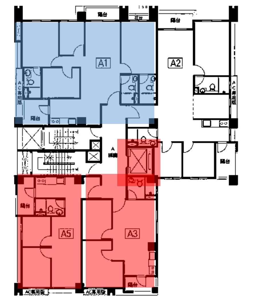 當層平面圖，顯示A1、A2、A3、A5四戶配置
